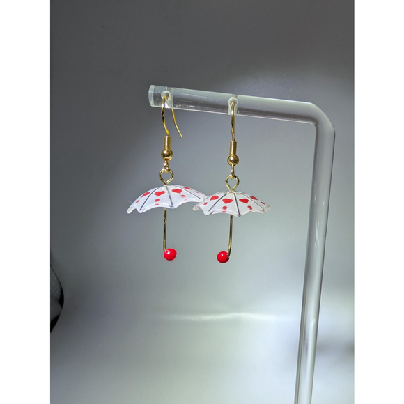 Umbrella Red and White Heart Dangles Gold Tone Stainless Steel Hooks - Picture 2 of 9